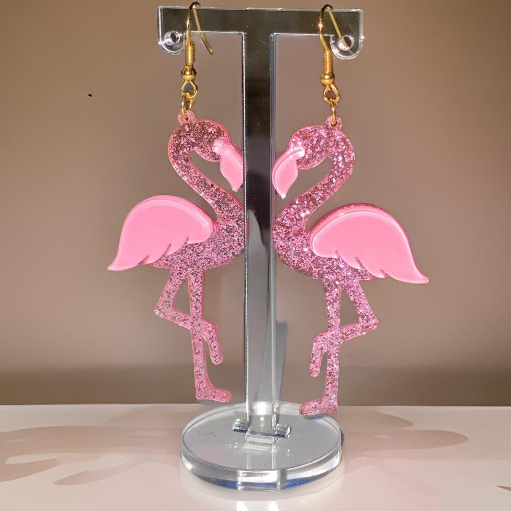 New Acrylic Pink Glitter Flamingo Glam Dangle Clear Crystal Earrings
